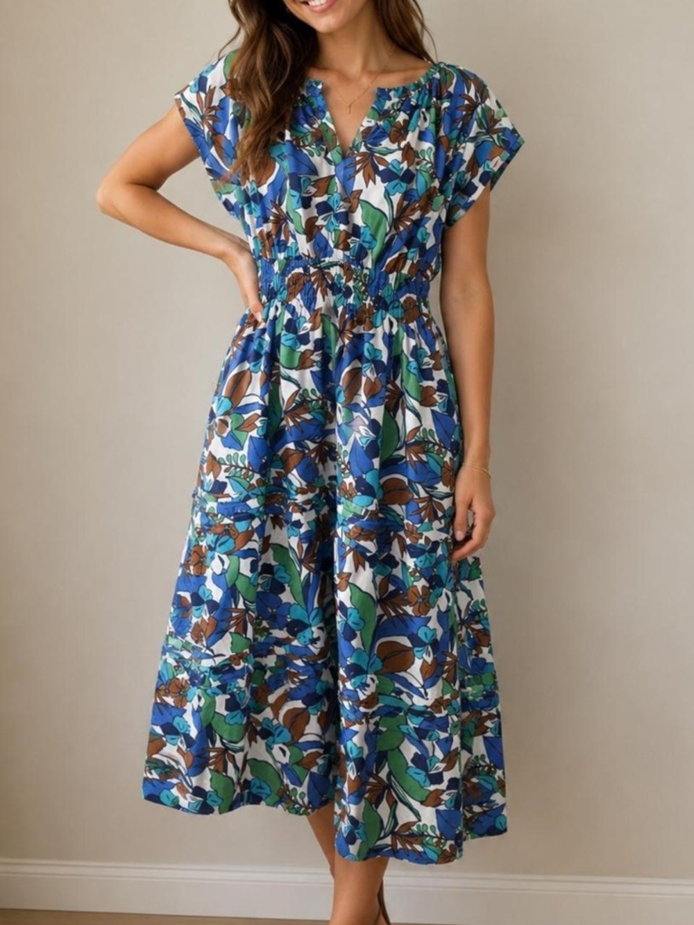 C&C California palm leaf floral linen tiered dress size Large
